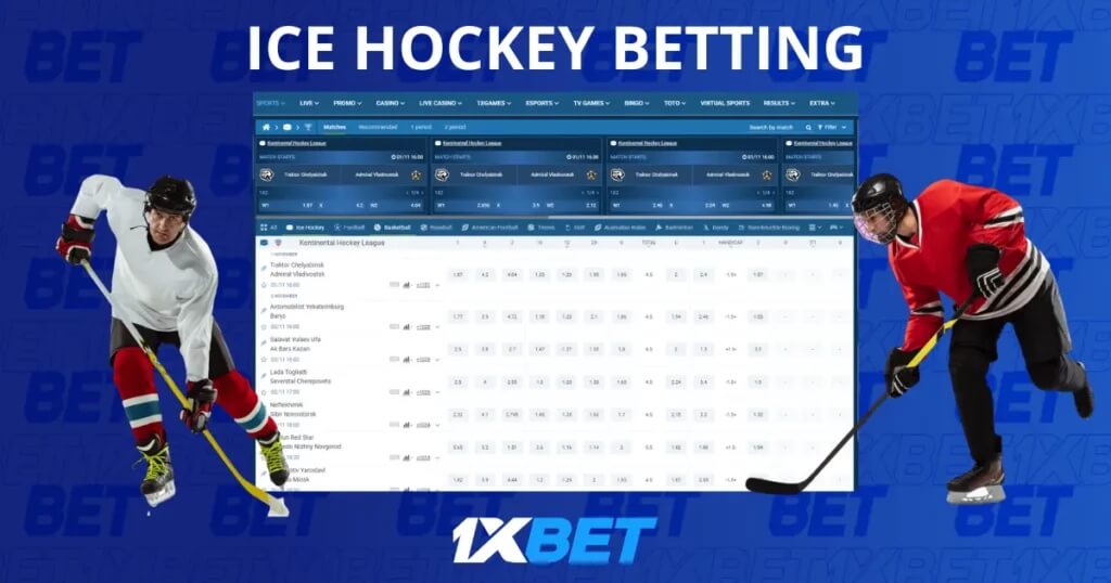 NHL 2026 - hockey players beside a 1xBet betting page