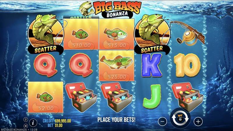 واجهة لعبة Big Bass Bonanza مع مشهد الرصيف والصيّاد