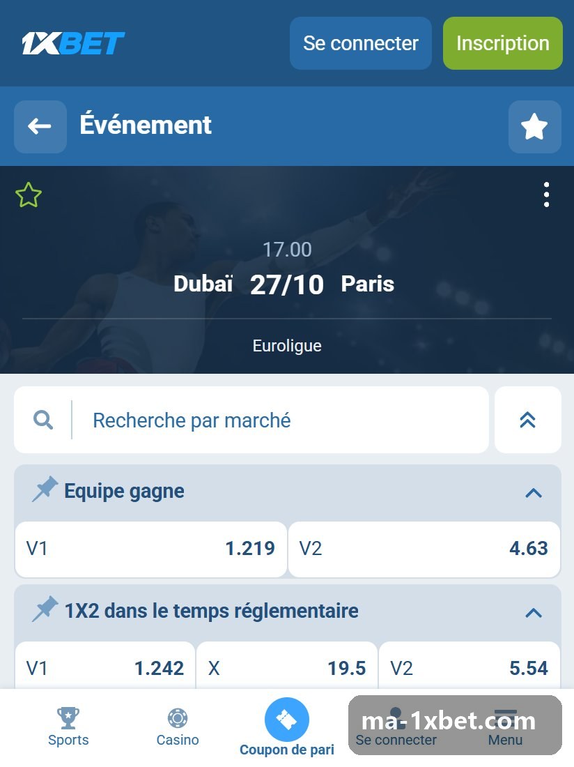 Euroligue : page d'un match avec vainqueur, 1X2 et total