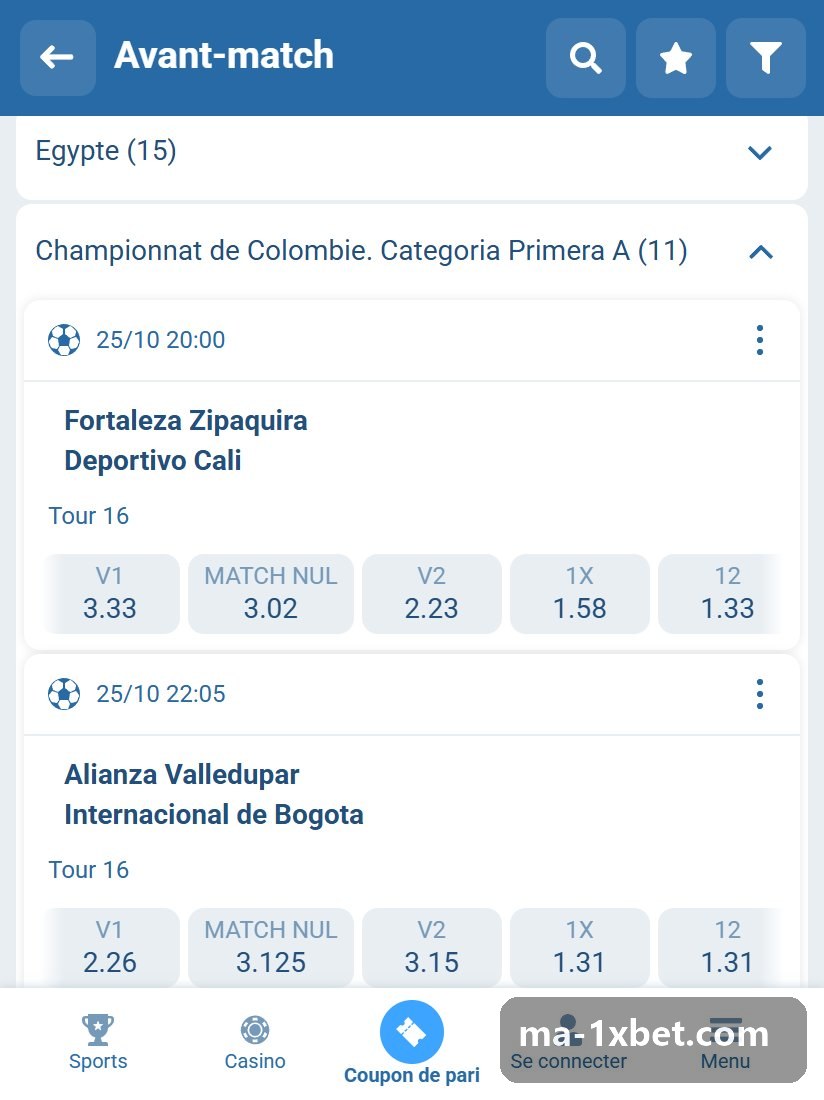 Championnat de Colombie. Categoria Primera A : matchs du championnat colombien avec cotes