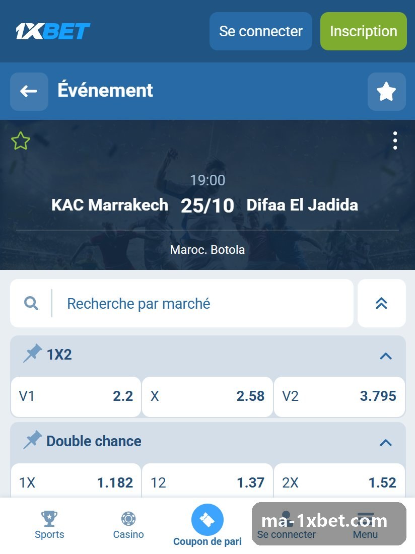Maroc. Botola : fiche d'un match avec les blocs 1X2, double chance et total