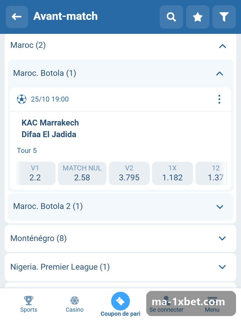 Maroc. Botola : rencontres d'avant-match et cotes 1X2 dans la liste