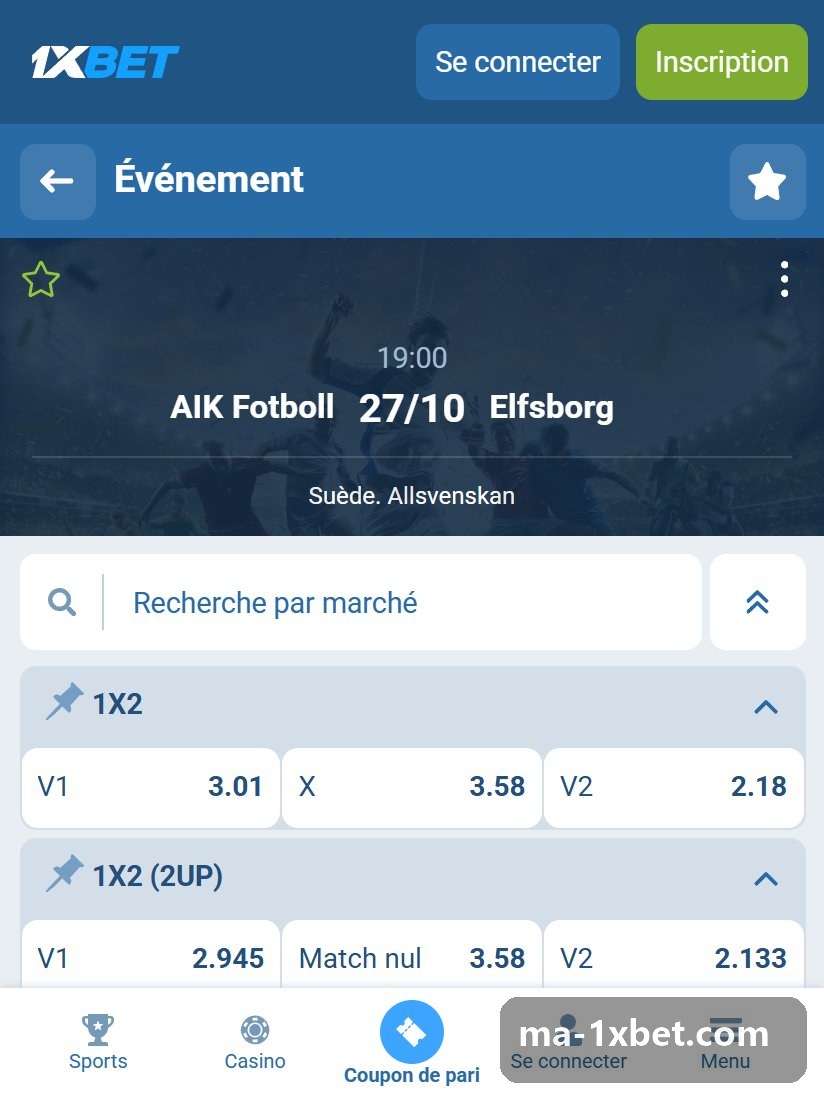 Suède. Allsvenskan : fiche d'un match avec les cotes V1, X, V2