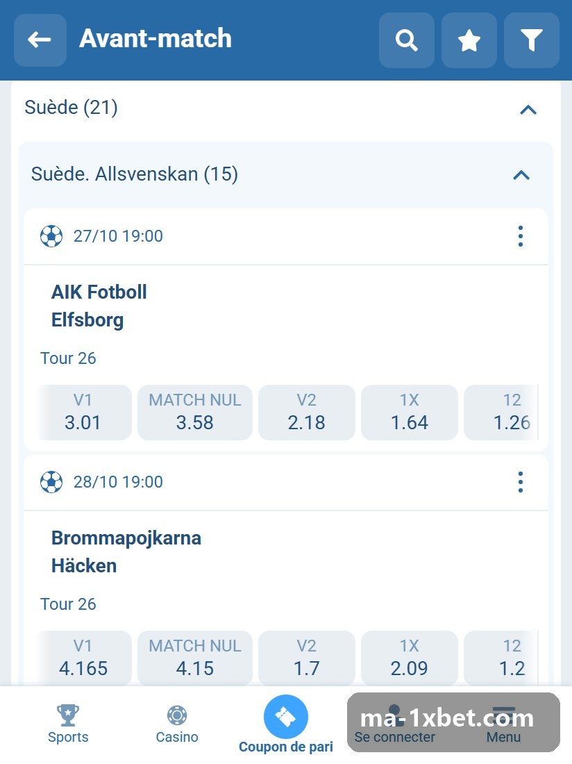 Suède. Allsvenskan : matchs de l'Allsvenskan avec leurs cotes