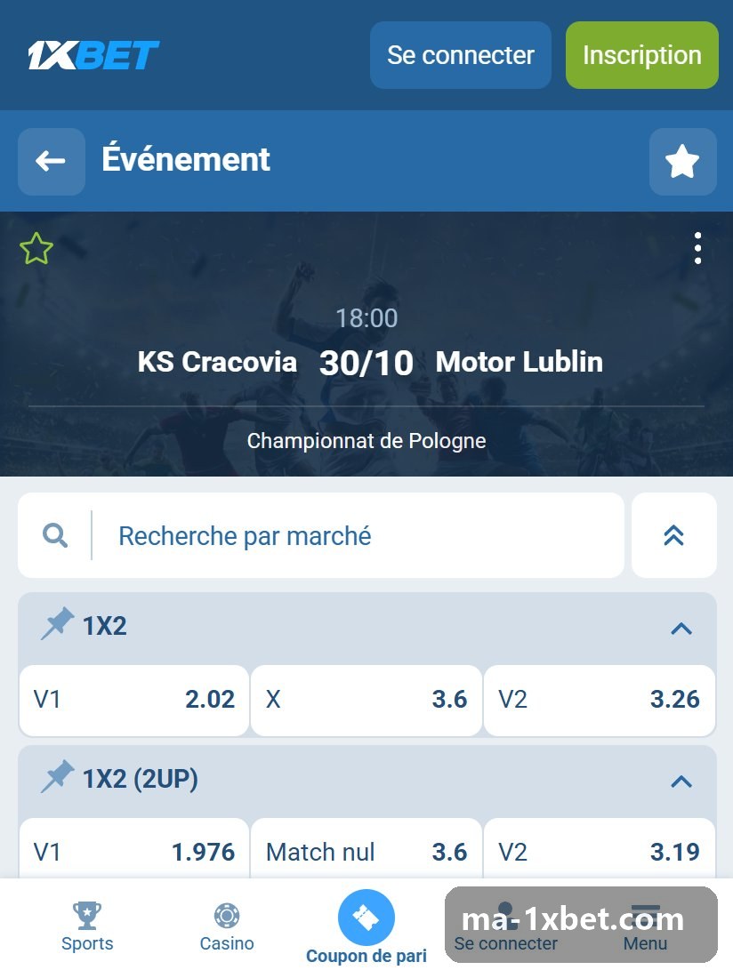 Championnat de Pologne : page d'une rencontre et ses marchés
