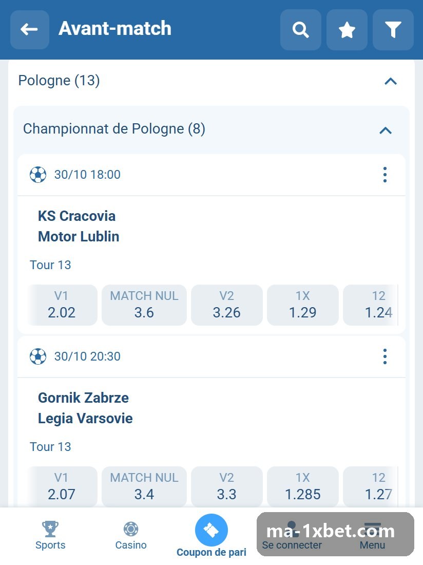 Championnat de Pologne : matchs de l'Ekstraklasa polonaise dans la ligne