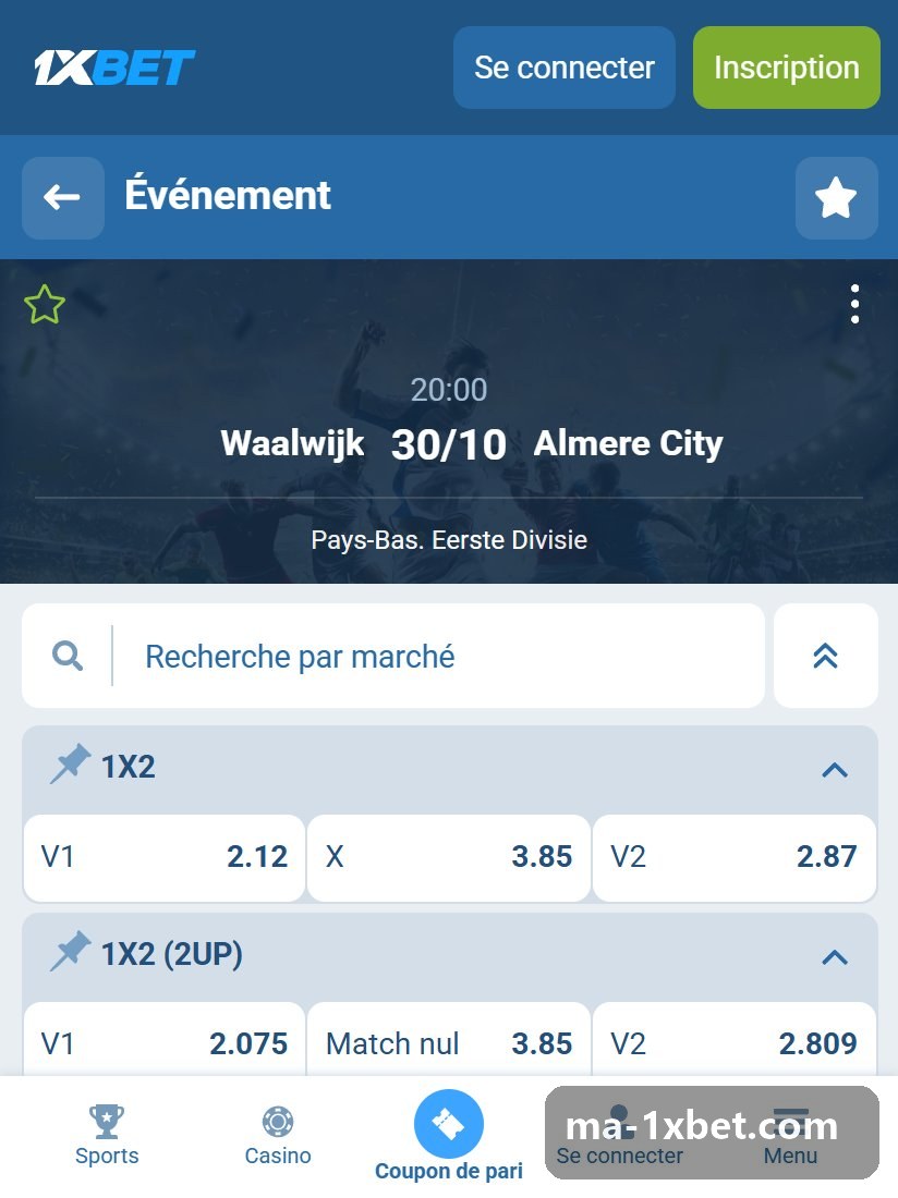 Pays-Bas. Eerste Divisie : page d'un match et ses blocs de cotes